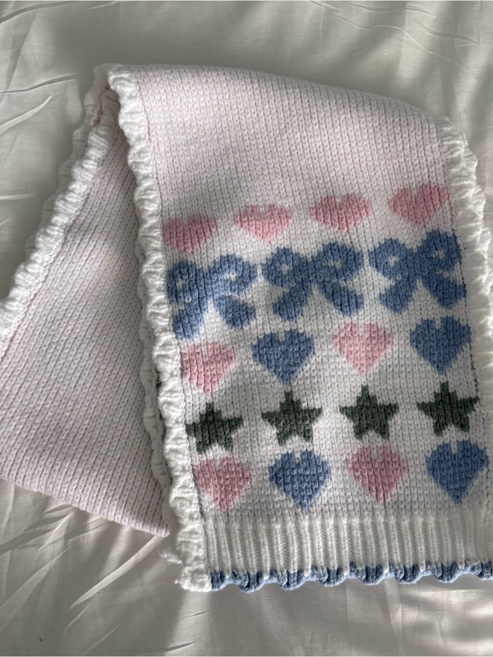 LoveShackFancy Macadam White Knit Scarf w/ Pink Hearts, Blue Bows & Green Stars